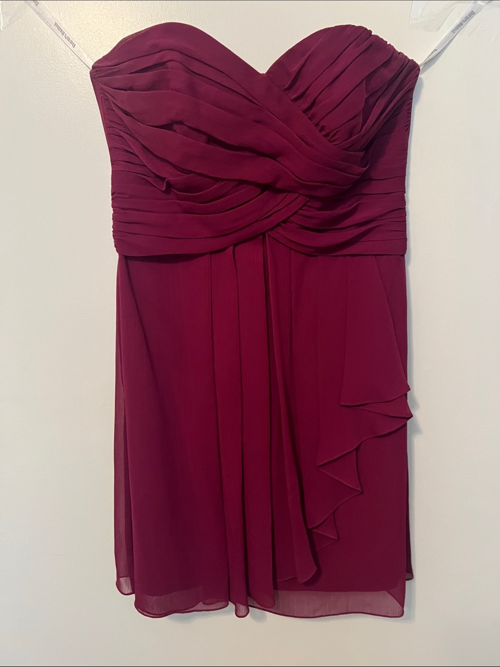 David's Bridal Strapless Ruched Chiffon Dress in Wine
